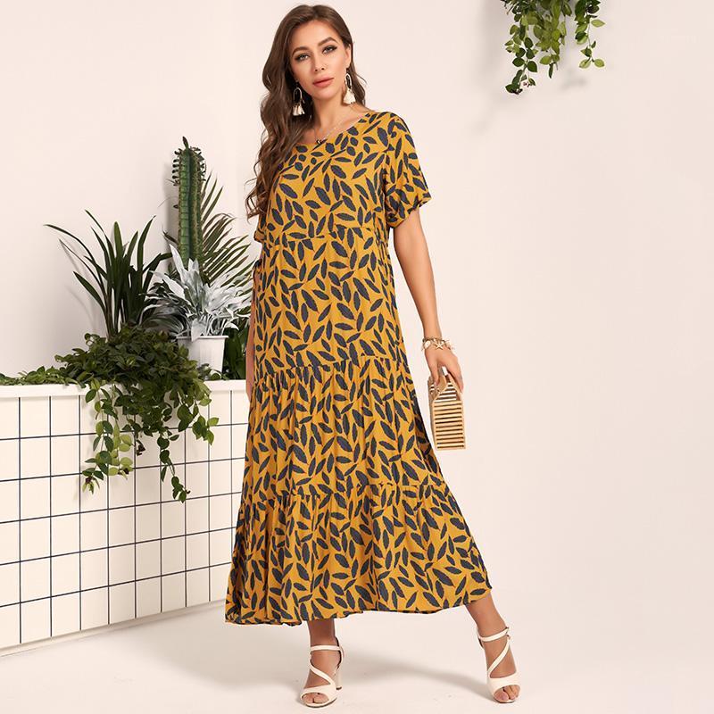 Robes décontractées MAIFUN Robe ample pour femme avec imprimé feuille et détail de poche col rond à manches courtes Maxi