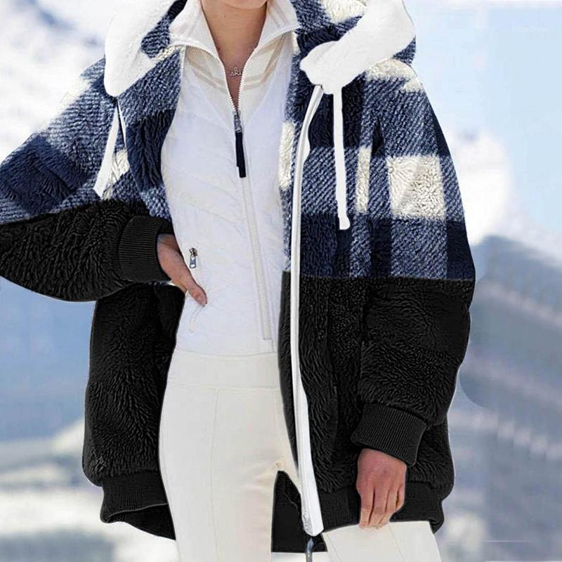 

Women's Jackets Plush Jacket Women Winter Casual Hooded Fashion Loose Patchwork Print Zipper Oversized Streetwear Top