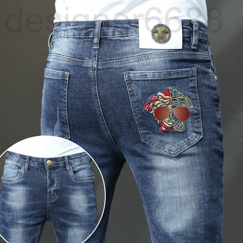

Men's Jeans designer Spring Blue jeans Korean Leggings slim fit Medusa embroidered long pants LAMU, 2# packing bag