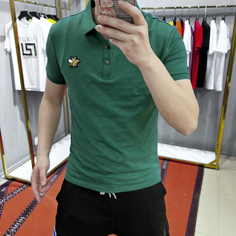 

2022 Summer New Men's Polo Shirt Bee Printing Rhombus Fashion Logo Design Short Sleeve Lapel Top Multicolor Green Pink Black White M