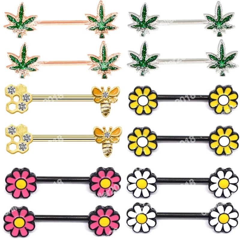 

Cute Flower Nipple Piercings Barbell Stainless Steel Crystal Nipple Shield Cover Bees Leaves Nipple Rings Body Jewelry