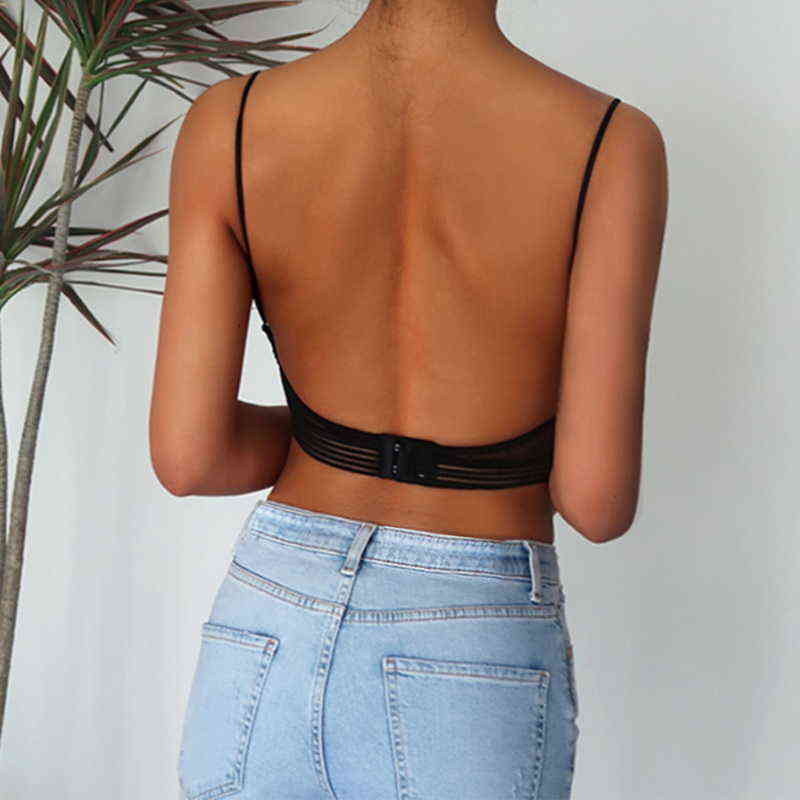 

Yoga Outfit Women's Backless Bra Invisible Seamless Underwear High Gloss Wireless Thin Cup Sexy Hollow Lace Waist 220420, Black