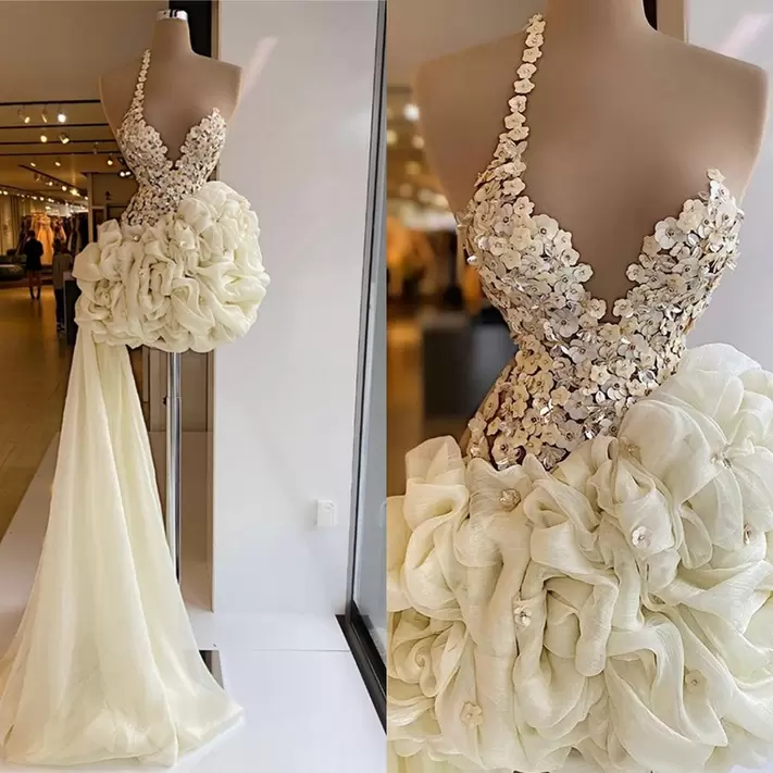 2022 Robes courtes à volants blancs Mini robe de bal perles dentelle paillettes avec train détachable robes de soirée robes de bal BC12988