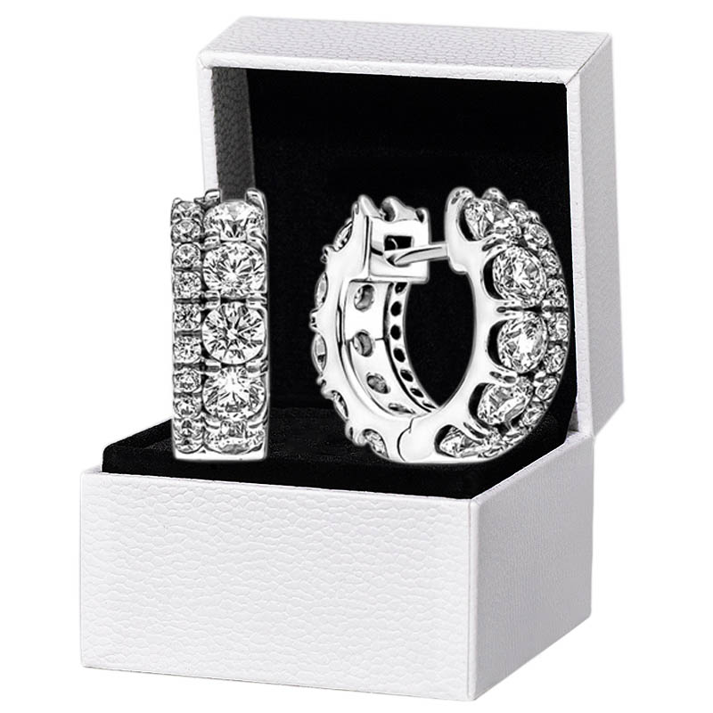 

Women Mens Double Band Pave Hoop Earrings Original gift Box for Pandora Authentic 925 Sterling Silver Party Circle Stud Earring
