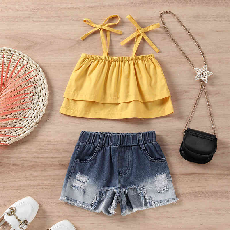 

Citgeett Summer Kids Casual Girl Shorts Set Off Shoulder Strap Yellow Tops Shirt Elastic Waist Ribbed Denim Short Clothing J220712, Red