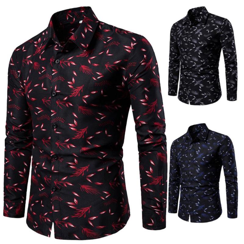 

Men's Casual Shirts MenTurn Down Collar Long Sleeve Leaf Print Buttons Slim Plus Size Shirt Male 3 Colors Autumn Winner FashionMen's, Black