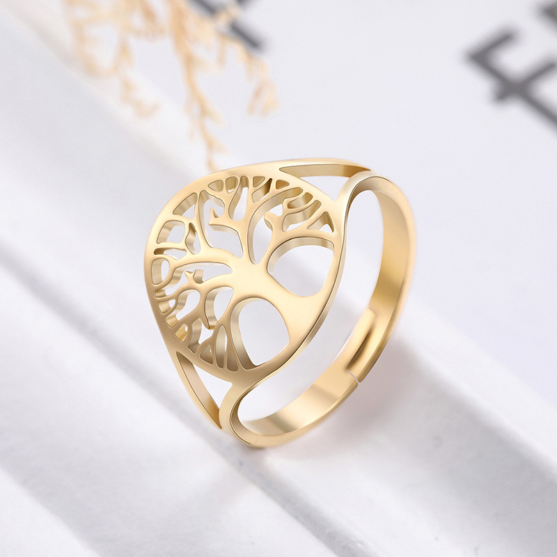 

Forest Department Retro Hollow Design Tree of Life Ring Adjustable Stainless Steel Ring Jewelry for Women