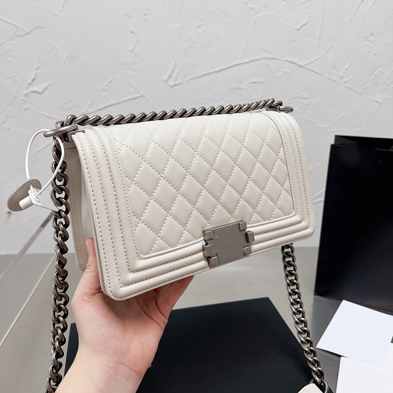 

Womens Designer Classic Caviar Calfskin Leather Quilted Bags Aged Silver Metal Hardware Adjustable Shoulder Strap Crossbody Tote Handbags Outdoor Sacoche 25CM, Box