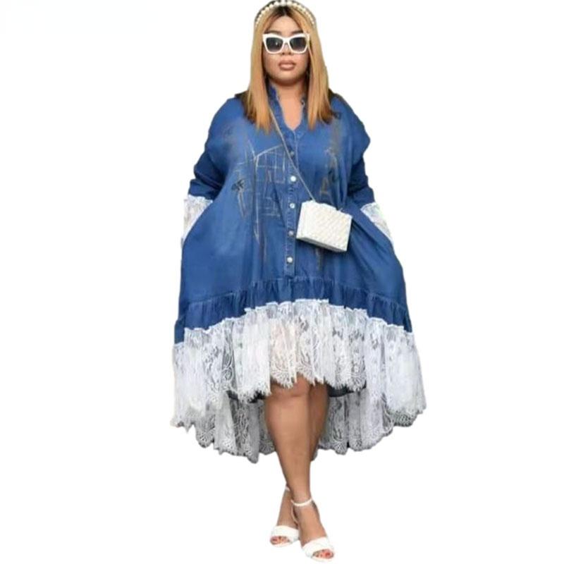 

Ethnic Clothing XL-4XL Denim Lace African Long Dresses For Women 2022 Spring Summer Clothes Casual Robe Longue Africaine Femme Vestido Plus