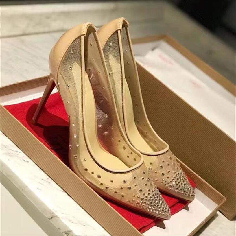 

2022 Red Bottoms Women Shoes Rhinestone High Heels Crystals Pointed Toe Mesh Pumps Woman Reds Sole Elegant Wedding Shoe With Dust 268M, 10cm heels