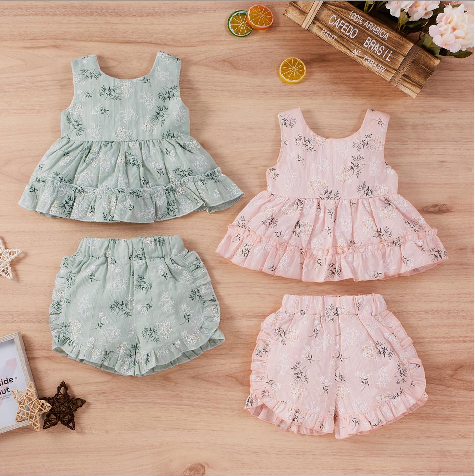 

Summer 0-24m Infant Baby Girls Sets Ruffles Vest And Shorts Suit Fresh Floral Printed Sleeveless Tops Short Pants Clothes