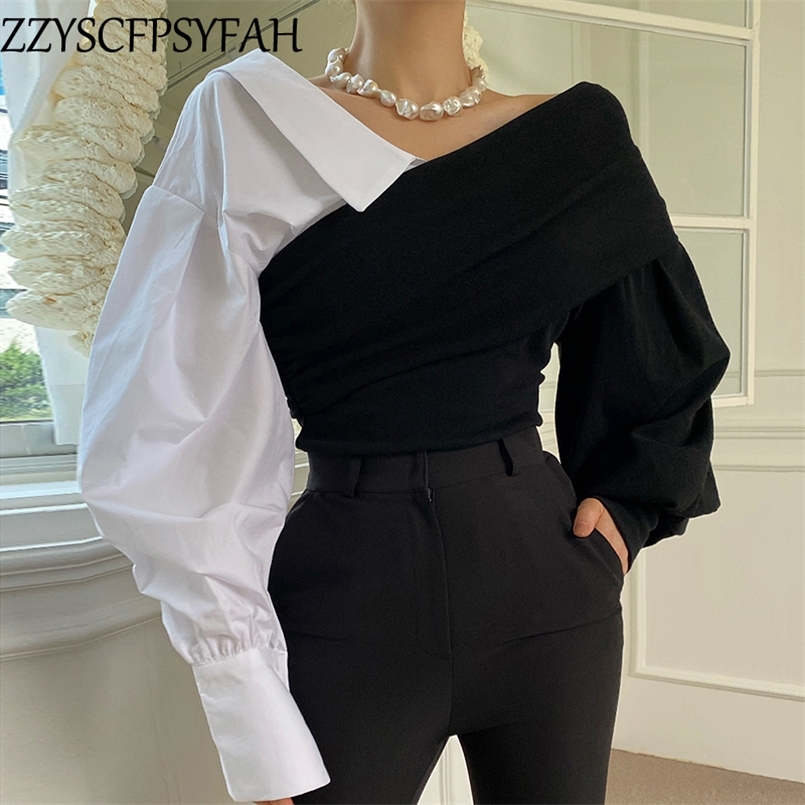 

fashion off shoulder top casual Splicing women sexy tops lady beautiful nice woman tshirts female OL Streetwear BAt184 220728, Black