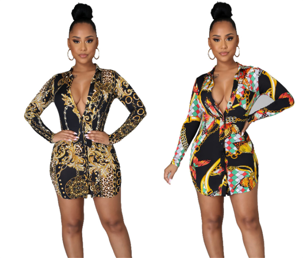 

Designer Womens Dresses Women Fashion Elegant Office Look Work Wear Party Shirt Female Tops Weekend Floral & Chains Print Casual Blouse Clot, Style 2