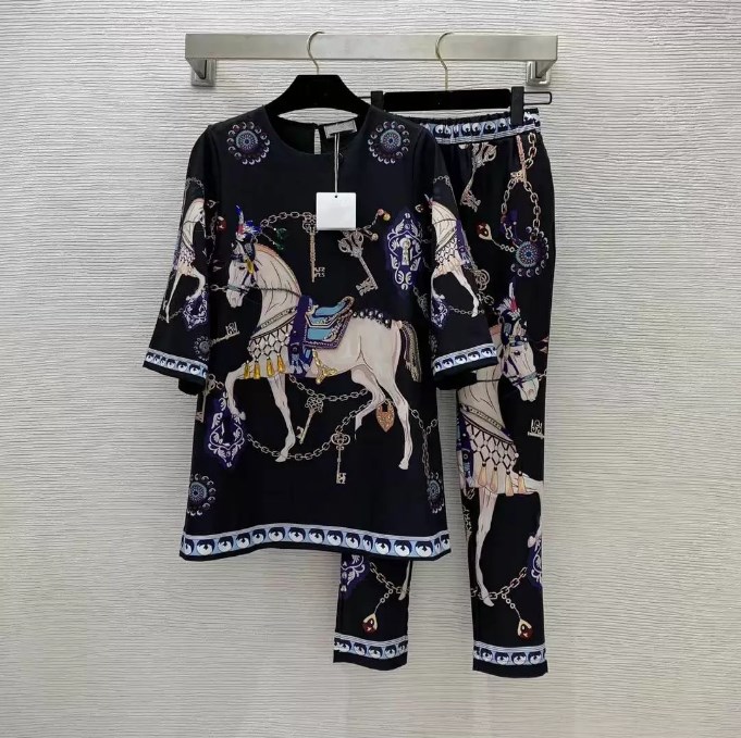 

2022 Spring Summer O Neck 1/2 Sleeve Print Coat And Long pants Brand Same Style 2 Pieces Sets Women's, Black