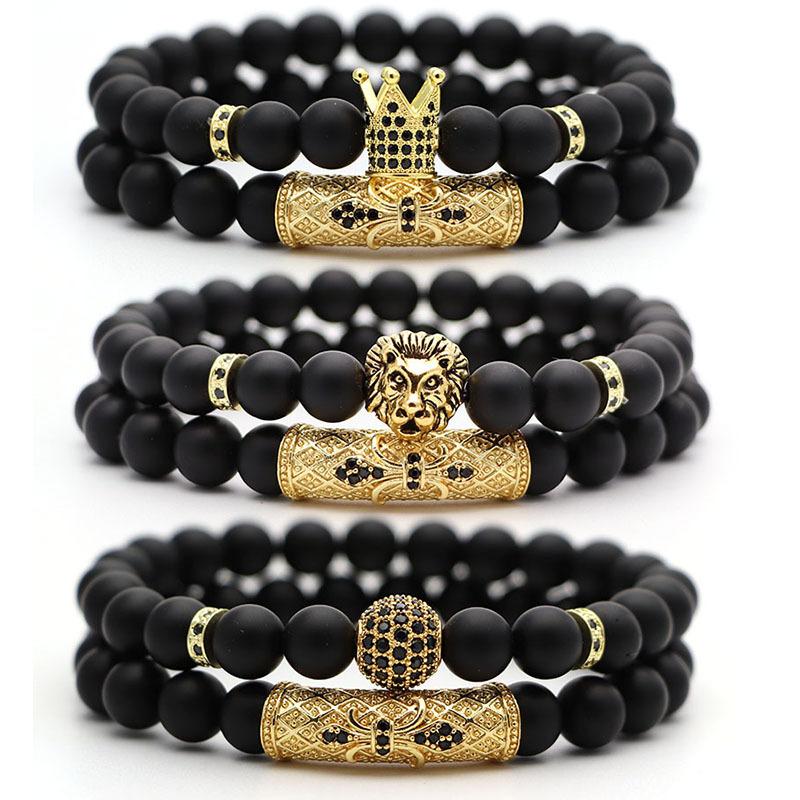

Bangle 2Pcs/Set Natural Stone 4 Style Bead Man Bracelets Pave CZ Small Crown And Ball Bracelet Classic Matte Black JewelryBangle