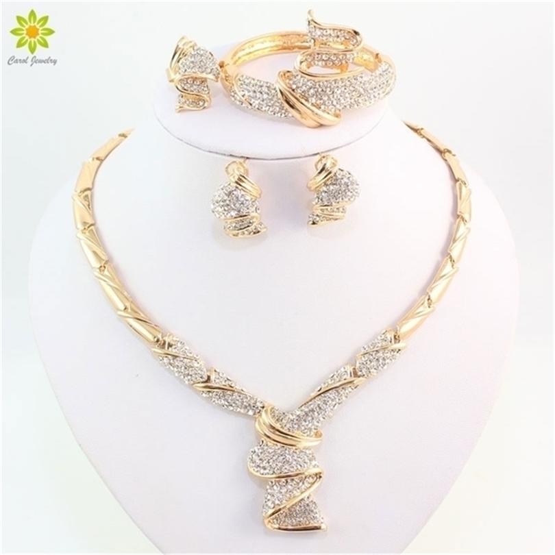 

Wholesale Fashion Gold Color Alloy Wedding Jewelry Sets Necklace Bracelet Ring Earrings For Women Bridal 201222