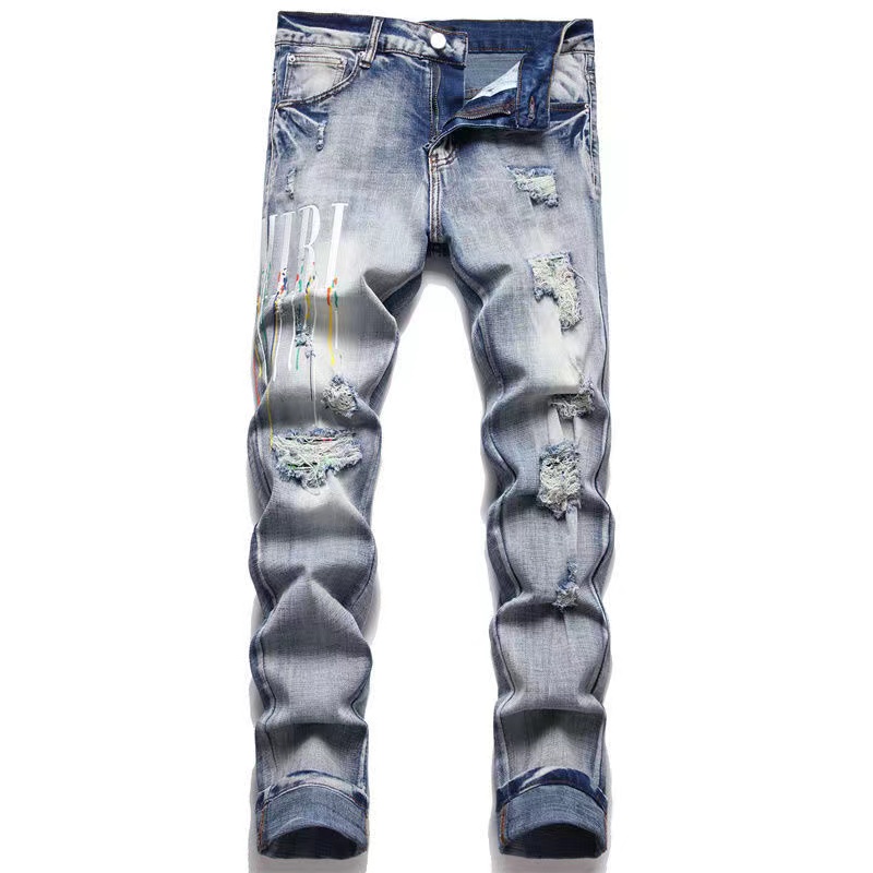 

2022 Mens Jeans Ripped Skinny Stretch Biker Denim Slim Fit Hip Hop Pants Men's Pants Asia Size -38 High Quality, Gold