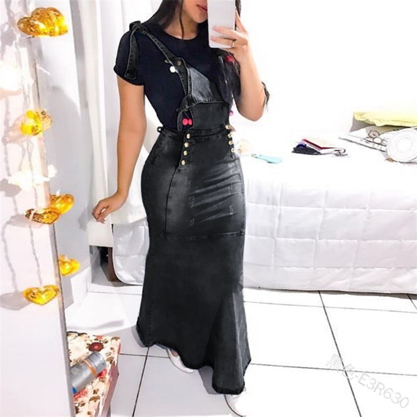 

New Suspender Skirt Women Overalls No Stretchy Maxi Long Skirt Mermaid Trumpet Empire High Waist Jeans J9D793 201110, Dark blue skirt