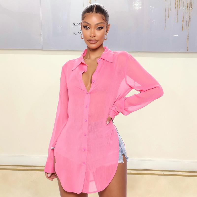 

Women' Blouses & Shirts Ladies Commuter Casual Loose And Comfortable Solid Color Fashion Long Sleeve Sexy See-through ShirtWomen' Chee22, Pink