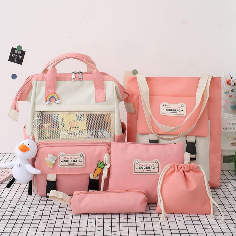 

School Bags 5Pcs/set Canvas Backpacks Women For Teenage Girls 2022 Preppy Style Book Bag Waterproof Travel Backpack Rucksack, Purple