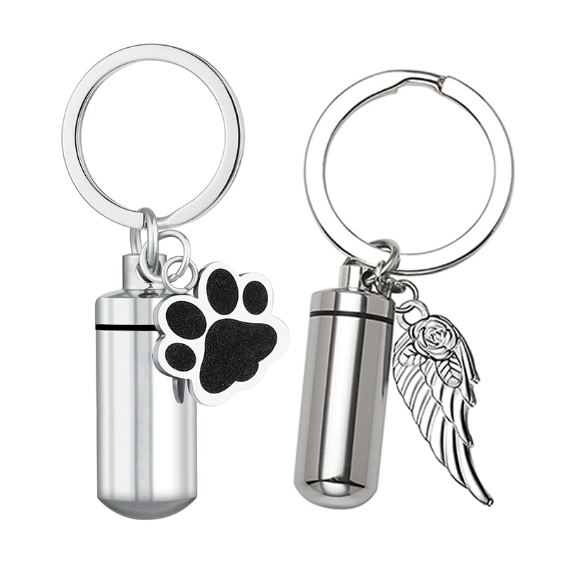 

Personalized Cylinder with Wing Paw Cremation Urn Keychain Pendant Memorial Ashes Keyring Keepsake Jewelry Gift for Women Men