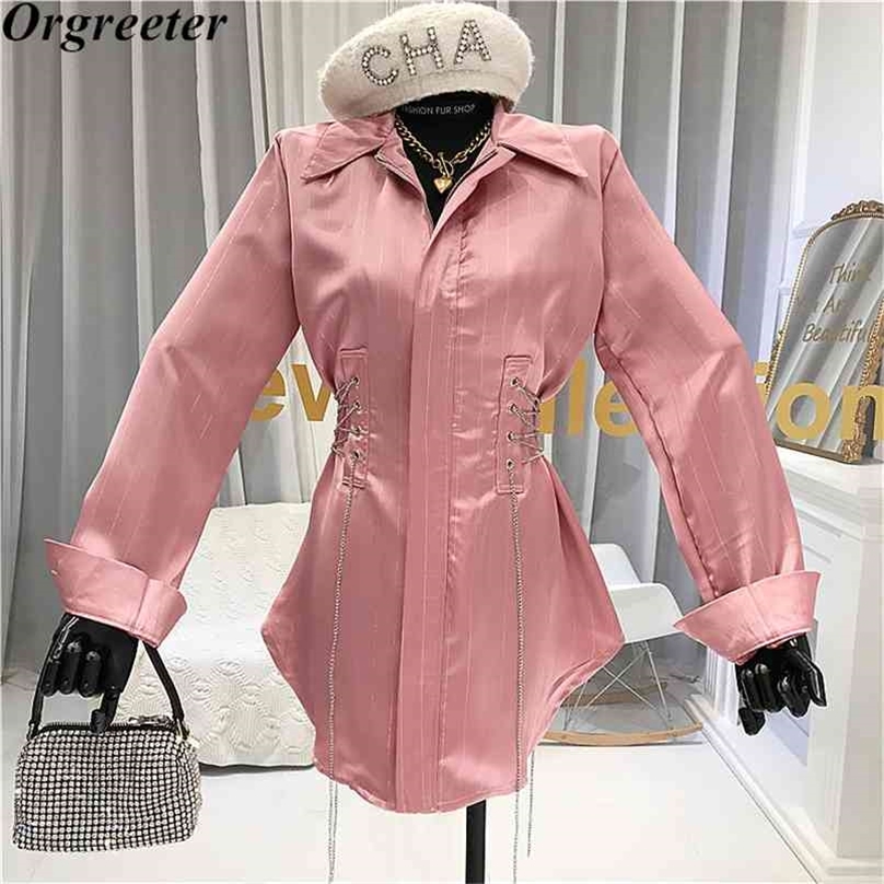 

Runway Design INS Fashion Chic Chain Adjust waist Long Shirt Women Autumn Lapel Shinny Striped Satin Blouse Tops Female 210602, Black