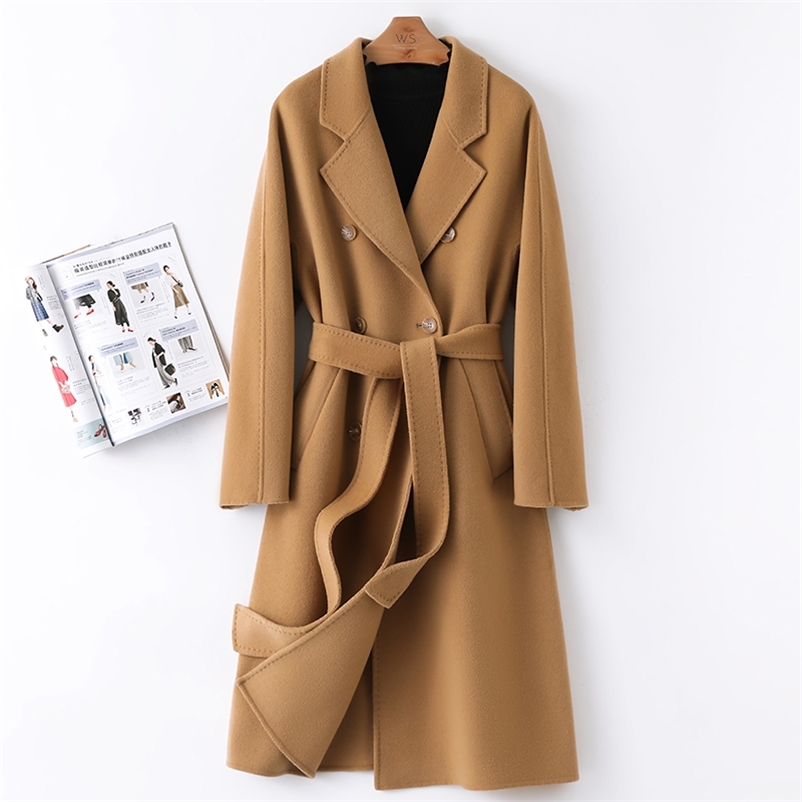 

Women's Wool Blends Double Sided Breif Long Wool Coat Women Belt Mid-Length Fashion Double Breasted Solid Elegant Winter Jacket 220826, Camel