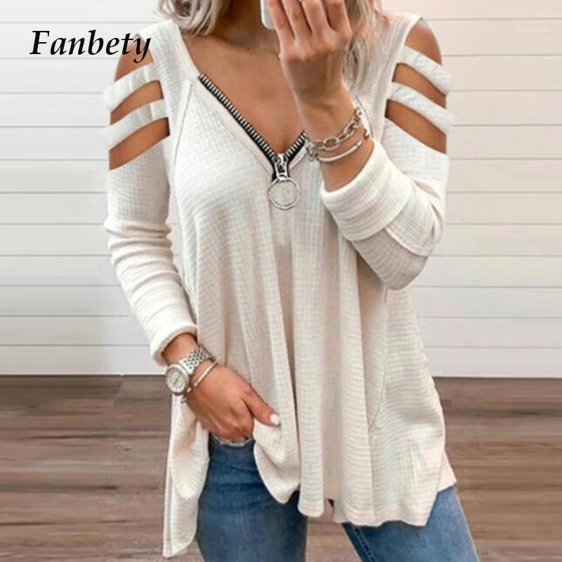 

Women' Blouses & Shirts Sexy Hollow Out Zipper V Neck Blouse Women Casual Long Sleeve Loose Shirt Tops Streetwear Plus Size Solid Soft Blus, White