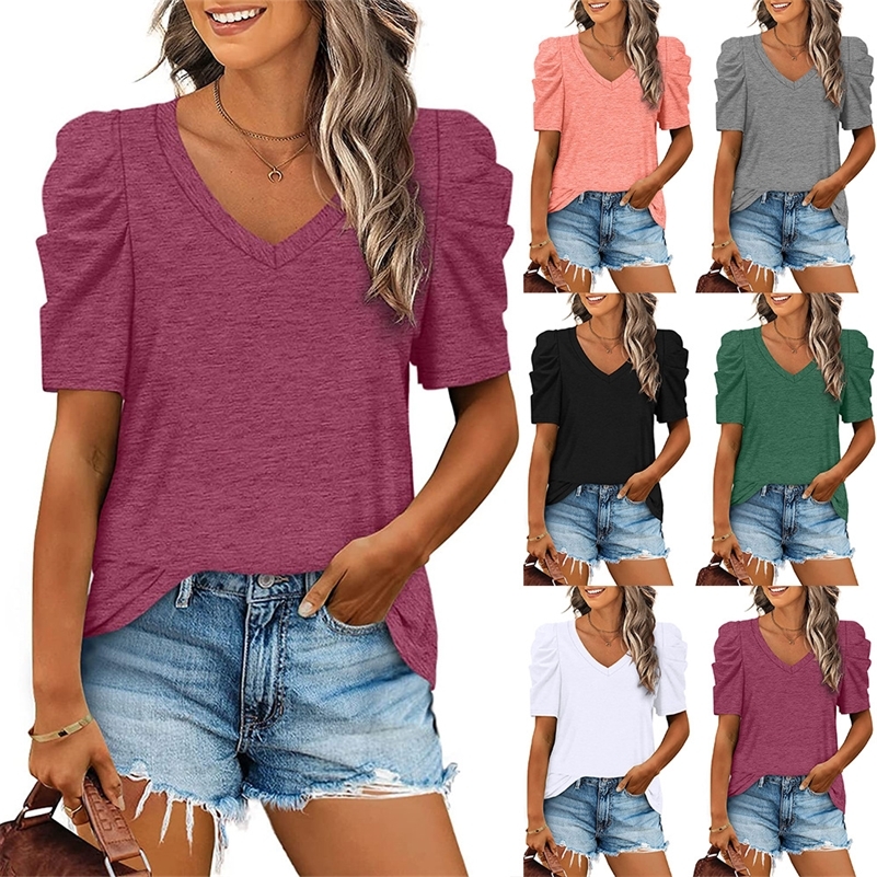 VNeck Short Sleeve T Shirts Top Womens Summer Casual Vintage Solid Color Patchwork Clothing Pullover Y2K Fashion Tshirt 220611