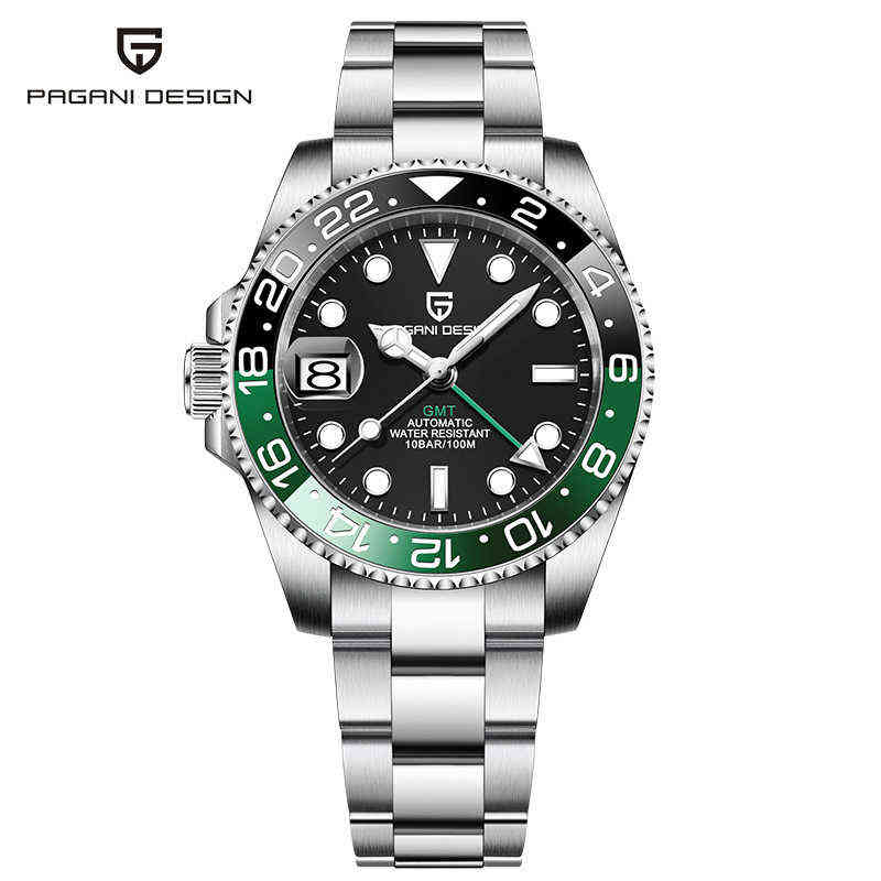 

Luxury Mens Designer Watches Pagani Design Men's Mechanical Watch Gmt Two Hour Luminous Calendar Pd-1662, Silver black tape