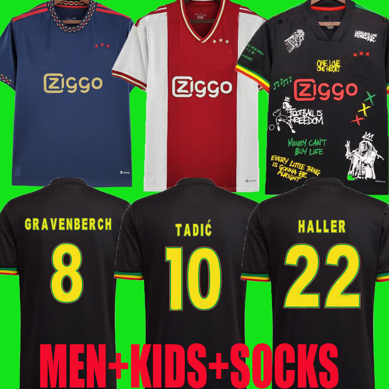 

21 22 23 TADIC Bob Marley Ajaxs soccer jersey 2022 2023 football shirt home away third ANTONY BLIND HALLER NERES BERGWIJN men kids kit yellow black set uniform player 88, 22/23 home