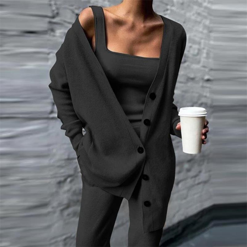

Women' Two Piece Pants Casual Knitted Three Set Women Tank Tops & Wide Leg Long Cardigan Coat Suit Loose Solid Outfit Autumn WinterWome, Black
