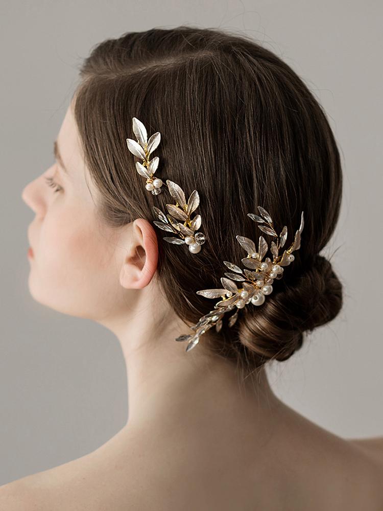 

Headpieces Aristocratic Gold Leaves Rhinestones Pearl Handmade Hair Pin And Comb Set Wedding Accessories Marriage For WomenHeadpieces