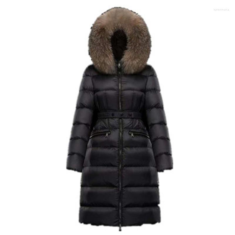 

Women's Down & Parkas Winter Womens Long Overcoats Belt High Quality Female Coats Big Fur Collar Lady 90% White Duck Slim OL Kare22, Black