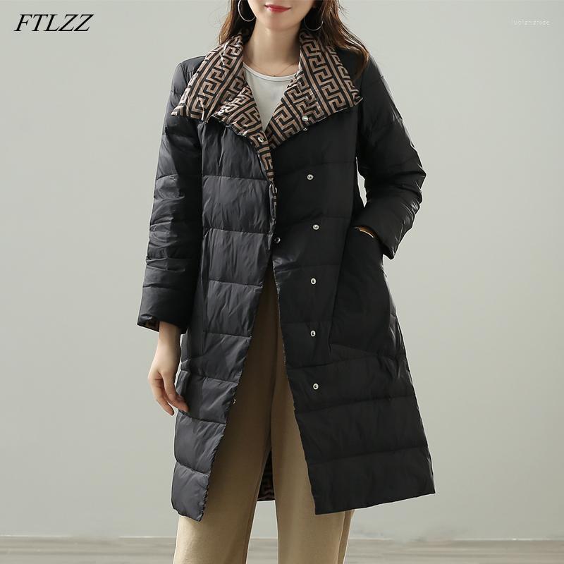 

Women's Down & Parkas FTLZZ Winter Double Sided Light Feather Long Jacket Women 90% White Duck Coat Female Breasted Warm Snow Outwear Luci22, Brown