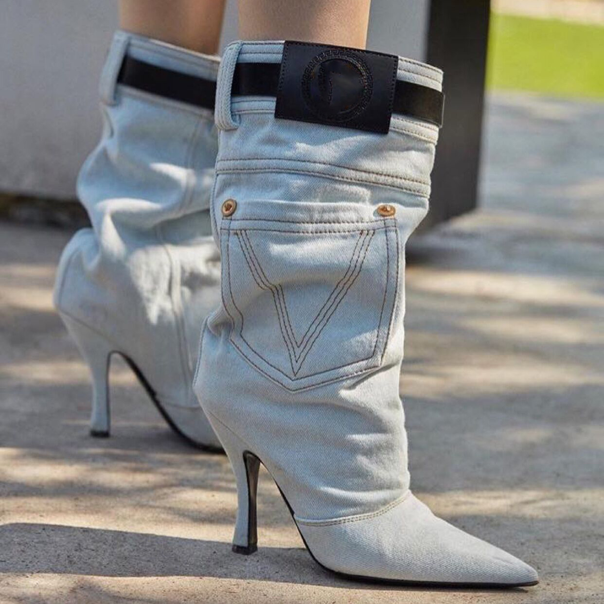 

Western Cowboy Boots Women 2022 High heel White Blue Ankle Booties Winter Shoes