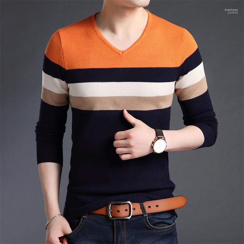 

Men's Sweaters Knitted Fashion Brand Korean Fit V Neck Slim Jumper Men Pullover Striped Sweater Autum High Quality Casual Clothes Mari22, Orange
