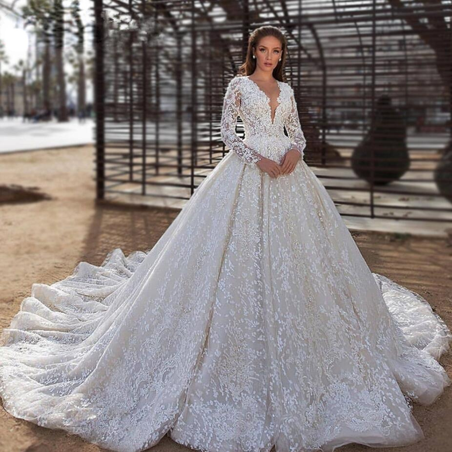 

Luxury Princess Wedding Dresses Puffy Skirt Long Sleeve Tulle Lace Crystal Beaded Bridal Gown 2022 New Design Custom Made BES121, Ivory