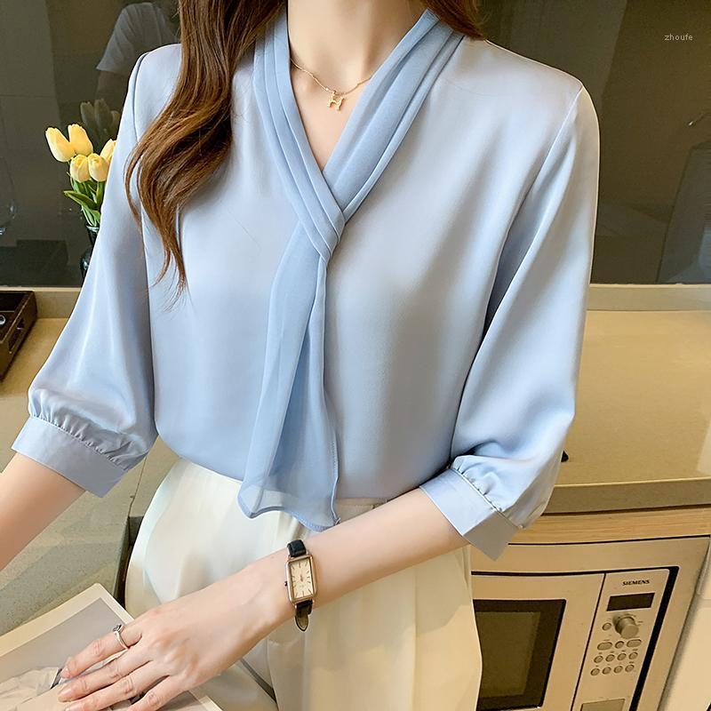 

Women' Blouses & Shirts Summer Korean Chiffon Women Office Lady Short Sleeve Shirt Fashion Black Blusas Femininas Elegante, Sky blue