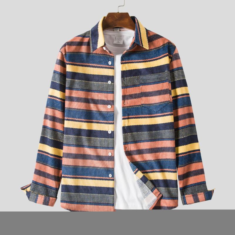 

Men's Casual Shirts Stripes Printed Corduroy Mens Shirt Long Sleeve Turn Down Collar Harajuku For Men Spring Autumn CamisasMen's, R1