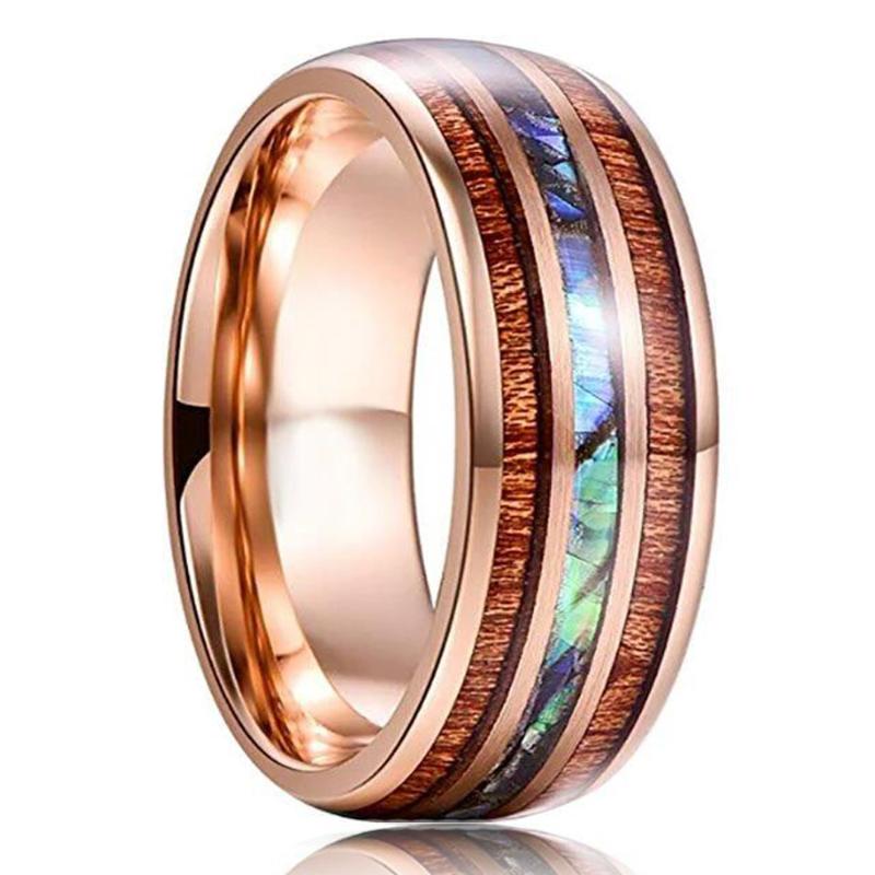 

Wedding Rings Fashion 8mm Rose Gold Stainless Steel Men's Hawaiian Koa Wood And Abalone Shell Opal Inlay Ring Band JewelryWedding