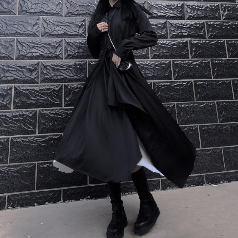 

Casual Dresses Dark Spring Street Style Turndown With Irregular Long Skirt Loose Plus Size Hepburn Wind Dress Gothic Woman Cool, Black