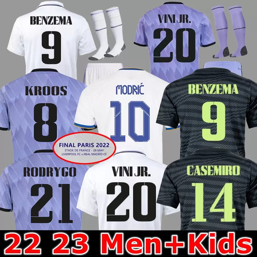

2023 BENZEMA Finals soccer jersey 21 22 23 football shirt Real Madrids CAMAVINGA ALABA MODRIC VALVERDE Fourth camiseta men kids 2021 2022 uniforms VINI JR TCHOUAMENI, 22 23 third aldult ucl