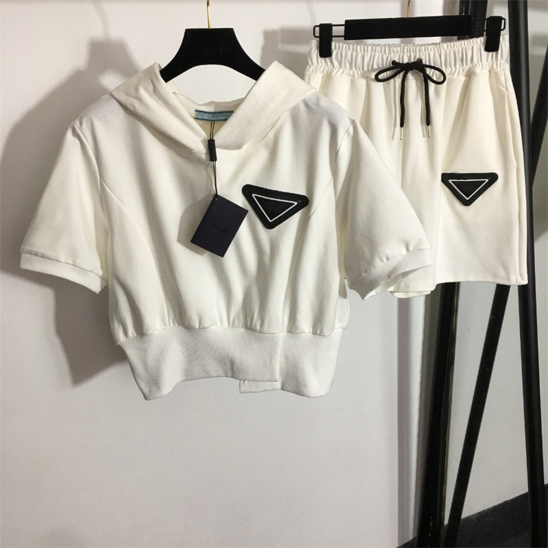 

Women's Two Piece Pants Set Summer Casual Suit Short Sleeved Hoodie Elastic Shorts With Triangle Badge Sweat Suit, Extra shipping cost