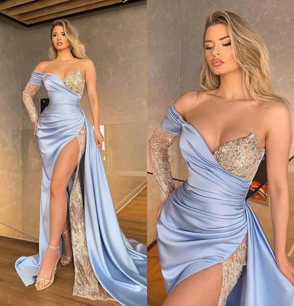 2022 Sexy Bleu Clair Sexy Sirène Robes De Bal Une Épaule Illusion Argent Paillettes Cristal Dentelle Côté Haute Split Robes De Soirée Plus La Tai