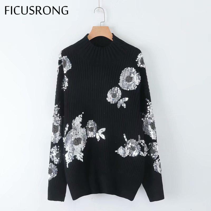 

Spring Autumn Winter Sequined Flower Pattern Sweater Simple Casual O-Neck Women Mid-Long Knitwear Pullovers Tops Ladies, Black