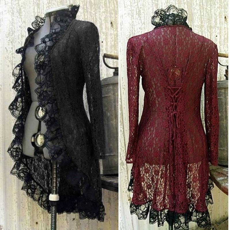 

Women's Jackets Women Vintage Long-sleeved Waist Back Bandage Lace Stitching Jacket OverCoatWomen's, Black