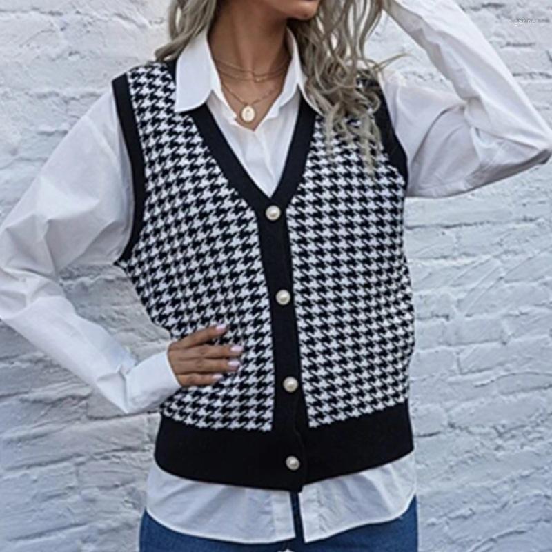 

Women' Knits & Tees Fashion V Neck Women Button Black Houndstooth Cardigan Long Sleeve Sweater Autumn Winter Knitted Loose Oversized Jumper, Houndstooth vest