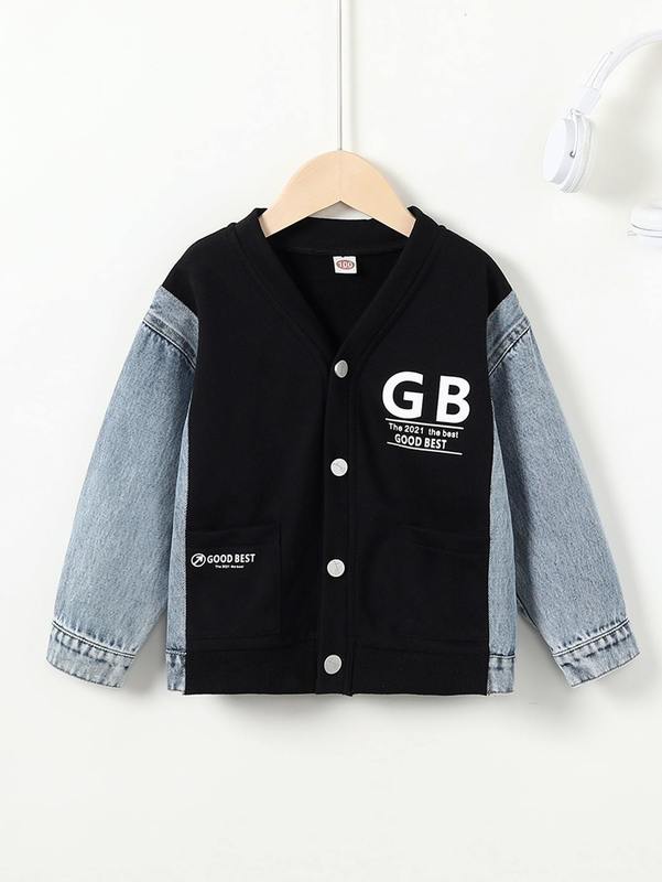 

Toddler Boys Contrast Denim Letter Graphic Jacket SHE, Black