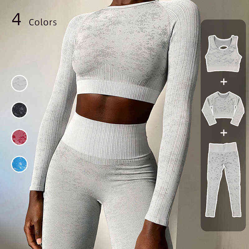 

Yoga Outfits Seamless Sets Women 23pcs Long Sleeve Crop Tops Bra Leggings Clothes Wear Fitness Suit Sports Set 220523, 2pcs bra blue